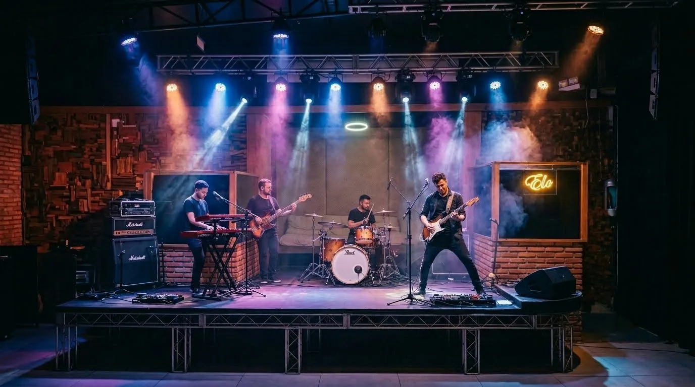 Palco do Macleod Beer pronto para apresentações ao vivo